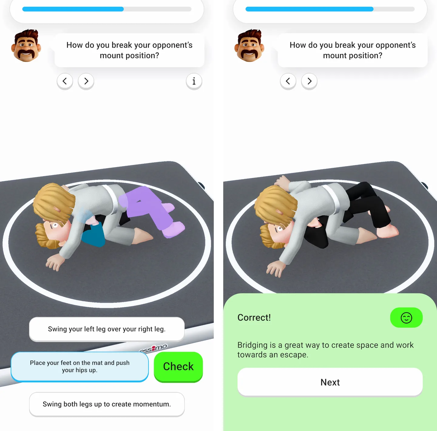 A Beyond the Mat lesson asking how to break an opponent's mount, and the answer screen explaining bridging