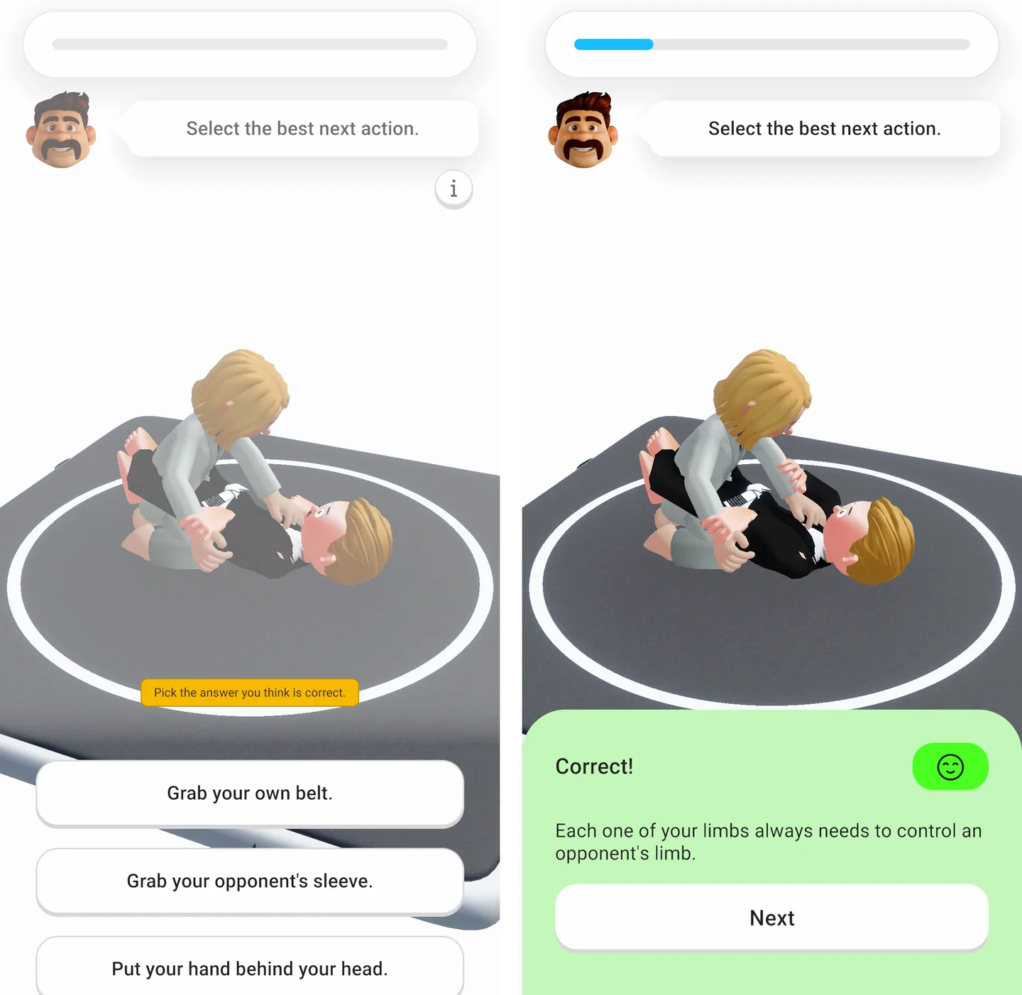 Beyond the Mat guard pass question with three answer options, next to the correct answer screen