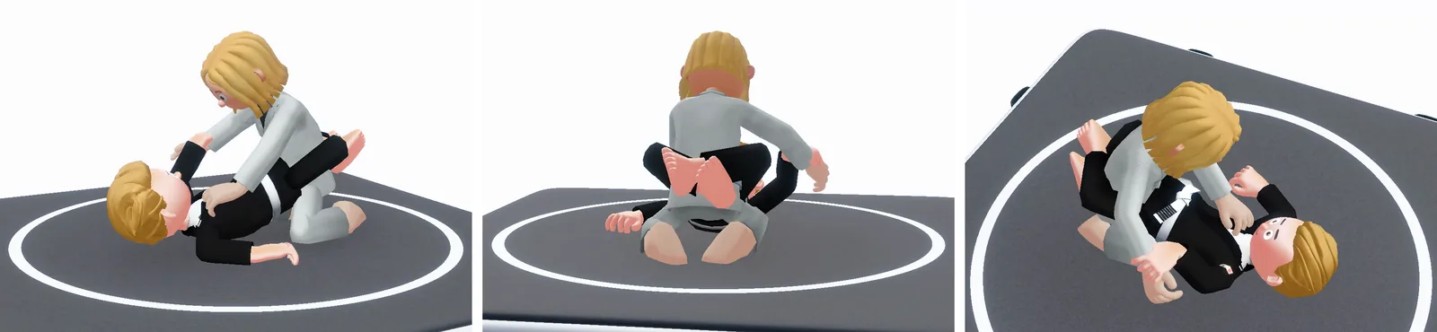 The same guard pass in the Beyond the Mat app seen from the side, from behind the passer and from above