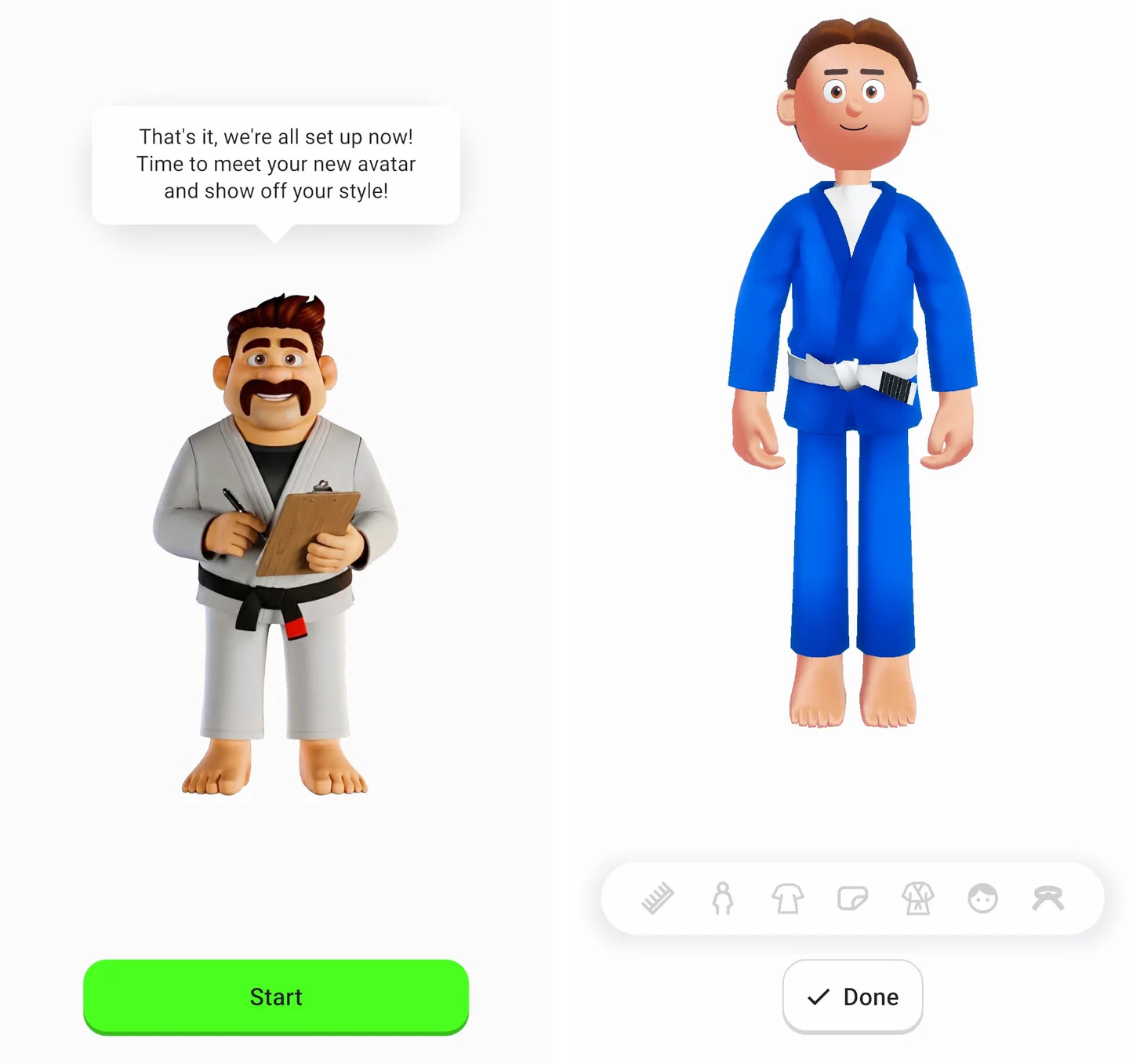 A Beyond the Mat coach saying setup is finished and it is time to meet your avatar, and the avatar creator showing a figure in a blue gi