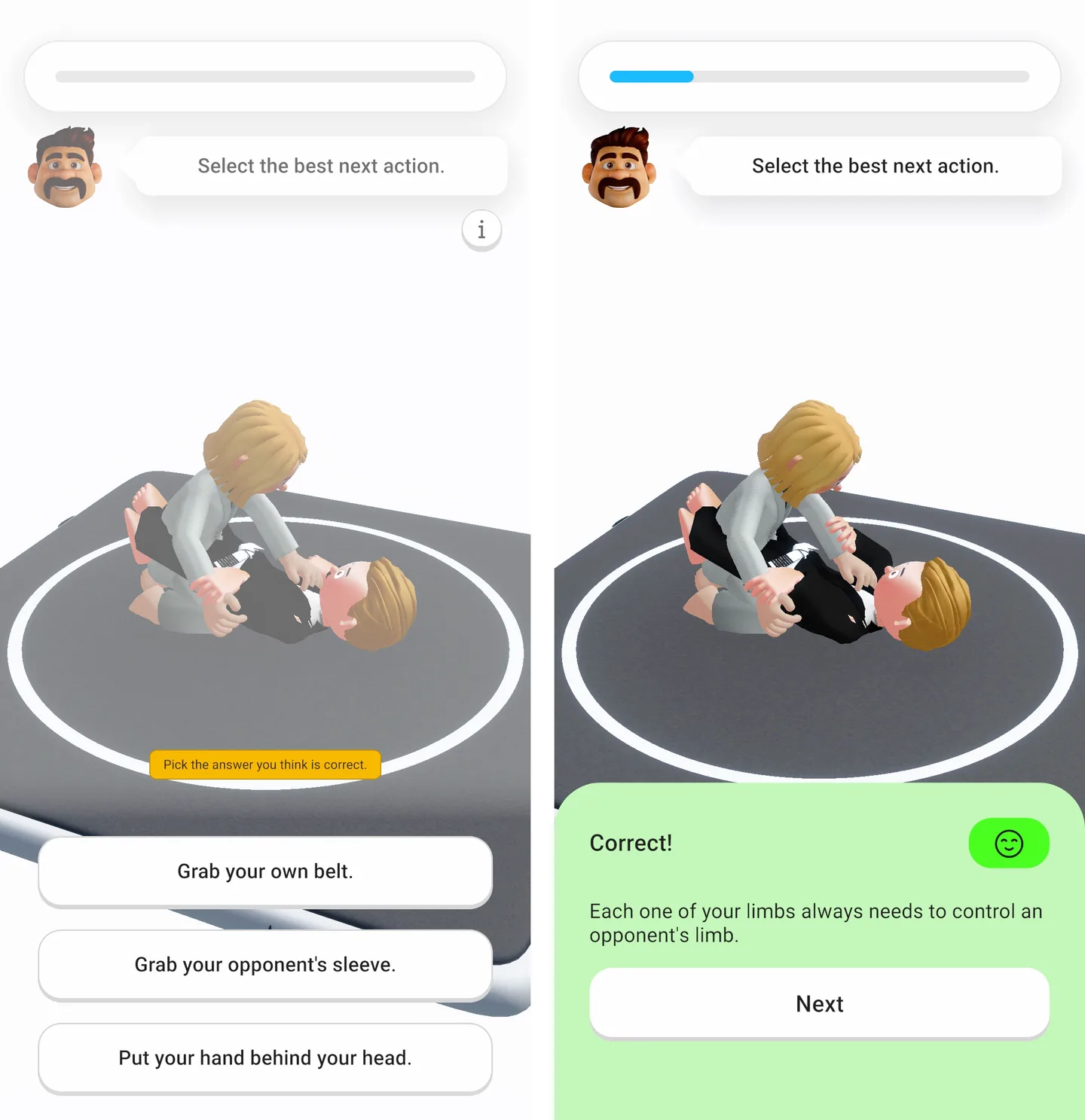 Beyond the Mat lesson asking for the best next action from guard, and the correct answer screen explaining limb control