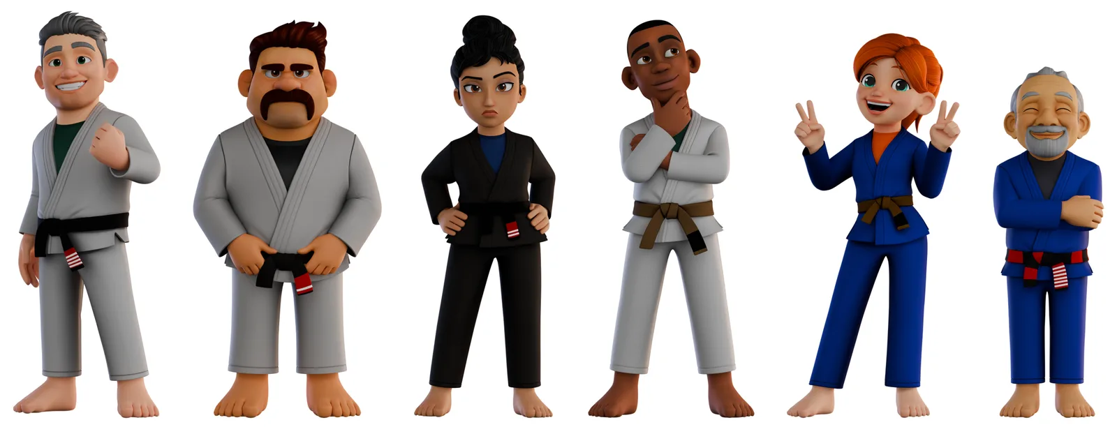 The six Beyond the Mat coaches standing in a line, each in their own gi and belt colour
