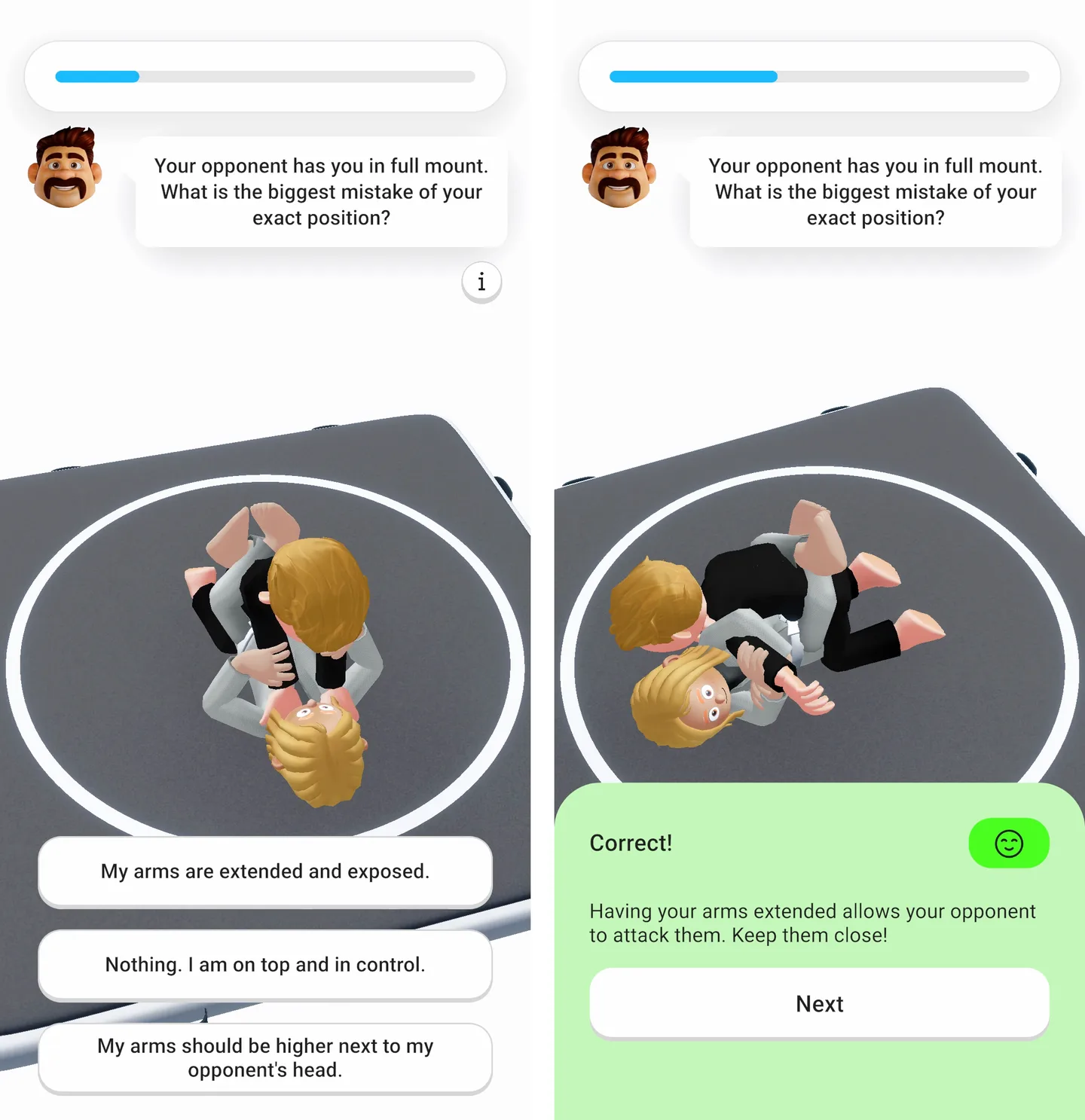 A Beyond the Mat question on what goes wrong under mount, and the answer screen: extended arms get attacked, keep them close