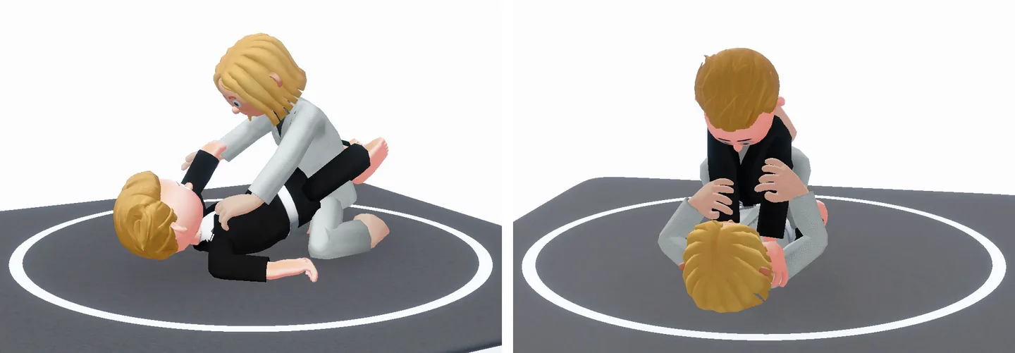 Two 3D positions in the Beyond the Mat app: a guard, with one player on their back, and a mount, with one player sitting on top