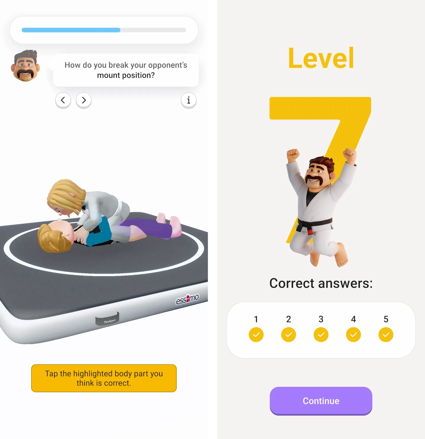 A Beyond the Mat lesson asking the player to tap the highlighted body part, and a level complete screen with five correct answers