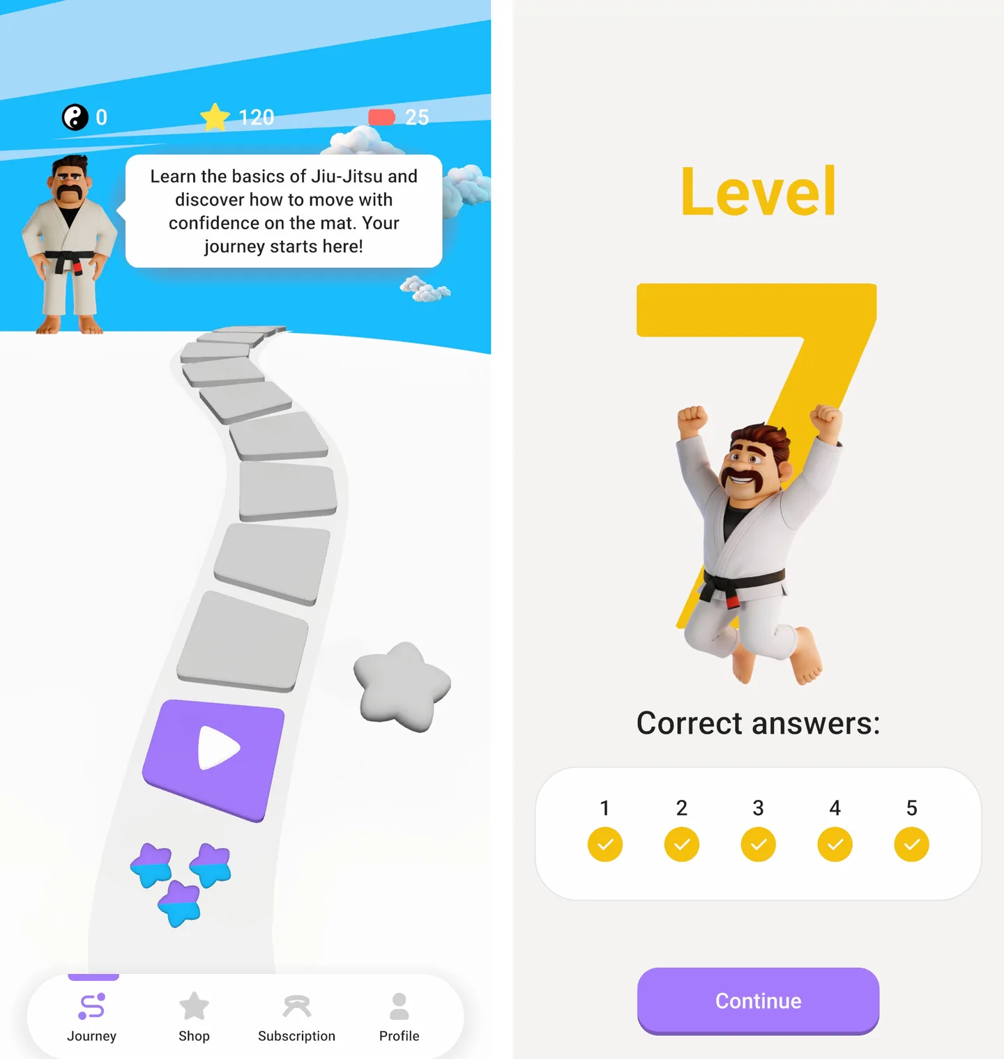 Beyond the Mat learning path and a level complete screen with five correct answers ticked