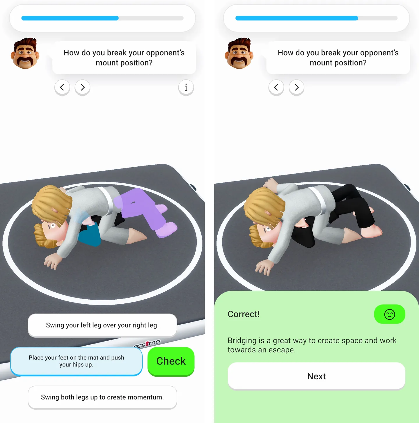 Beyond the Mat lesson asking how to break an opponent's mount, and the correct answer screen explaining bridging