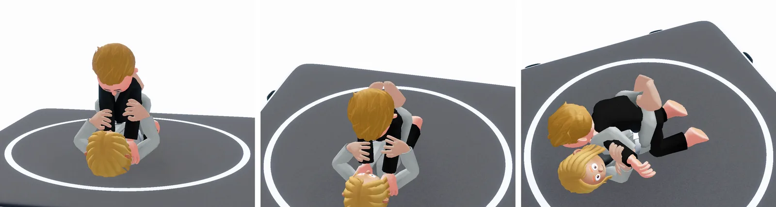 Full mount in the Beyond the Mat app seen from the side, from above and from low down near the bottom player